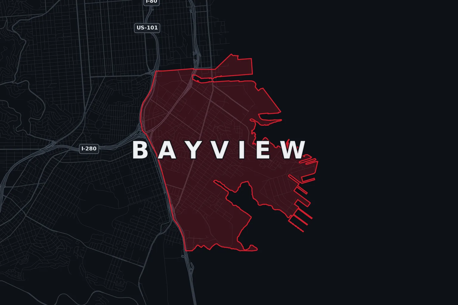 Stylized map of Bayview, San Francisco, with the AMB Protective Services coverage area highlighted