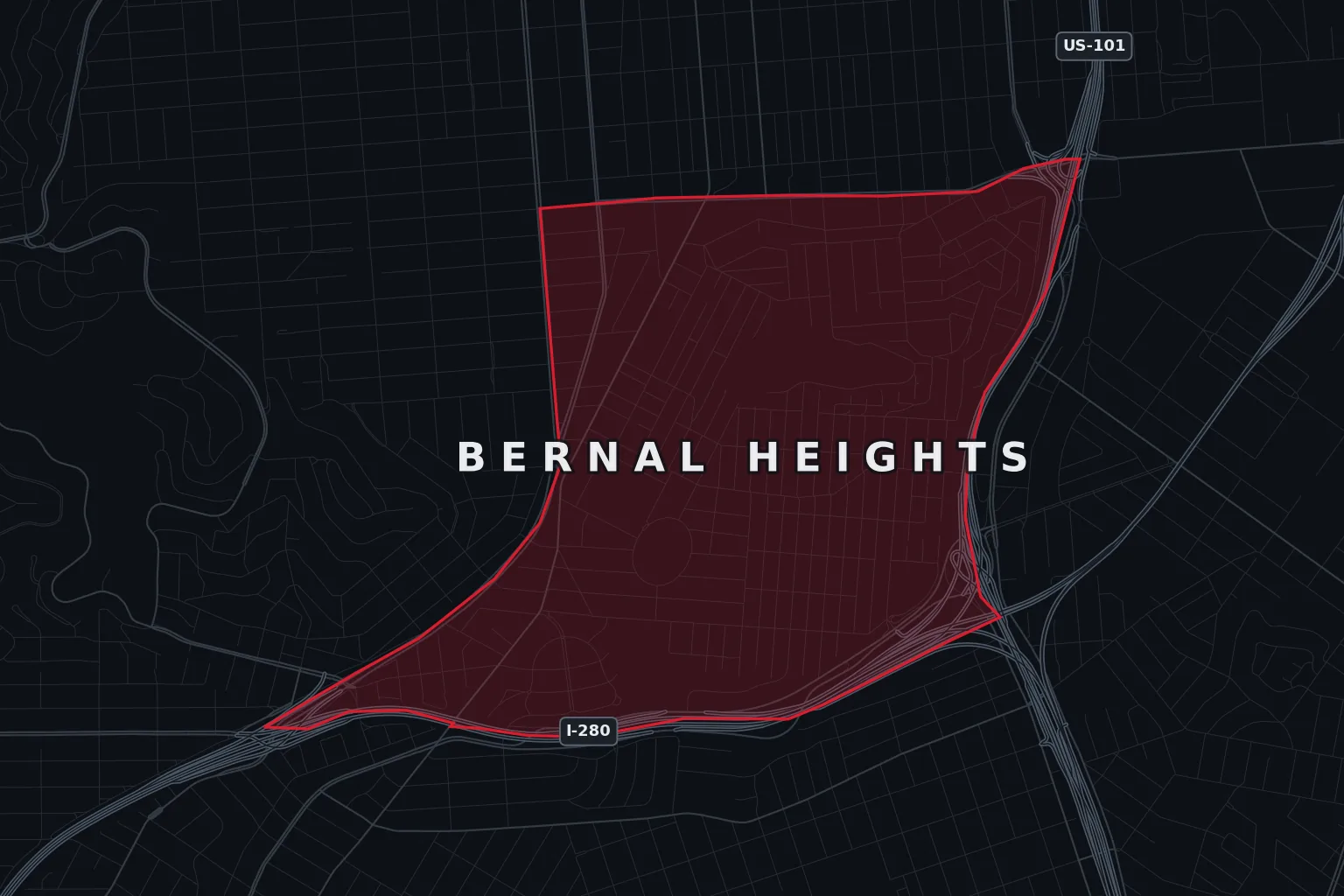 Stylized map of Bernal Heights, San Francisco, with the AMB Protective Services coverage area highlighted