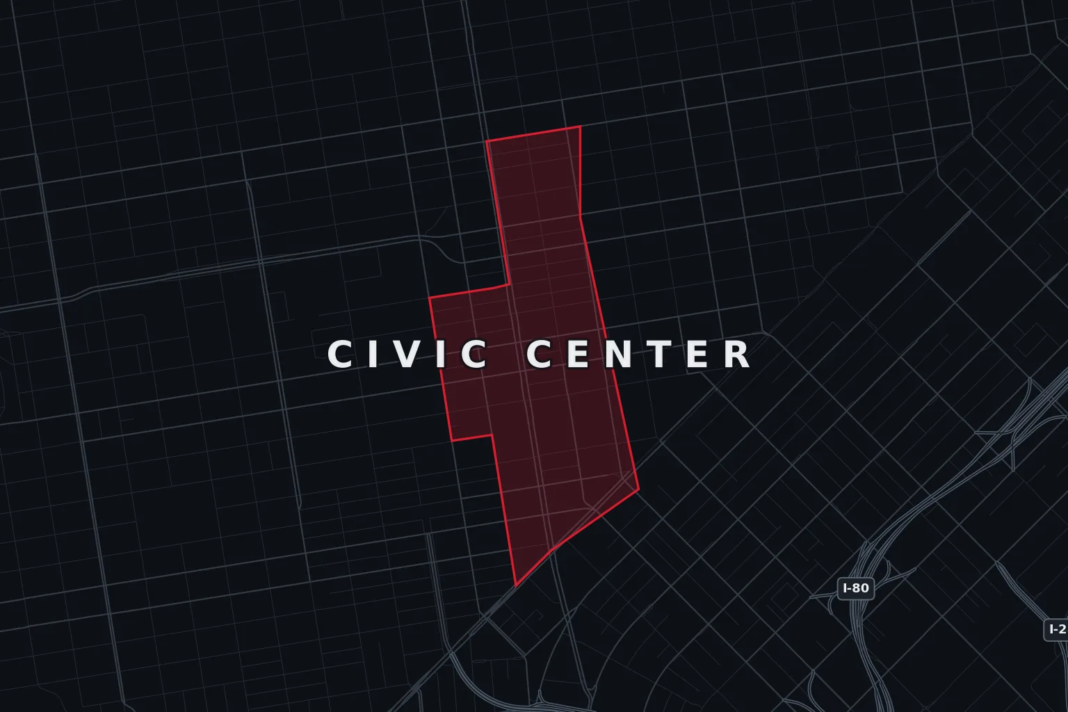 Stylized map of Civic Center, San Francisco, with the AMB Protective Services coverage area highlighted
