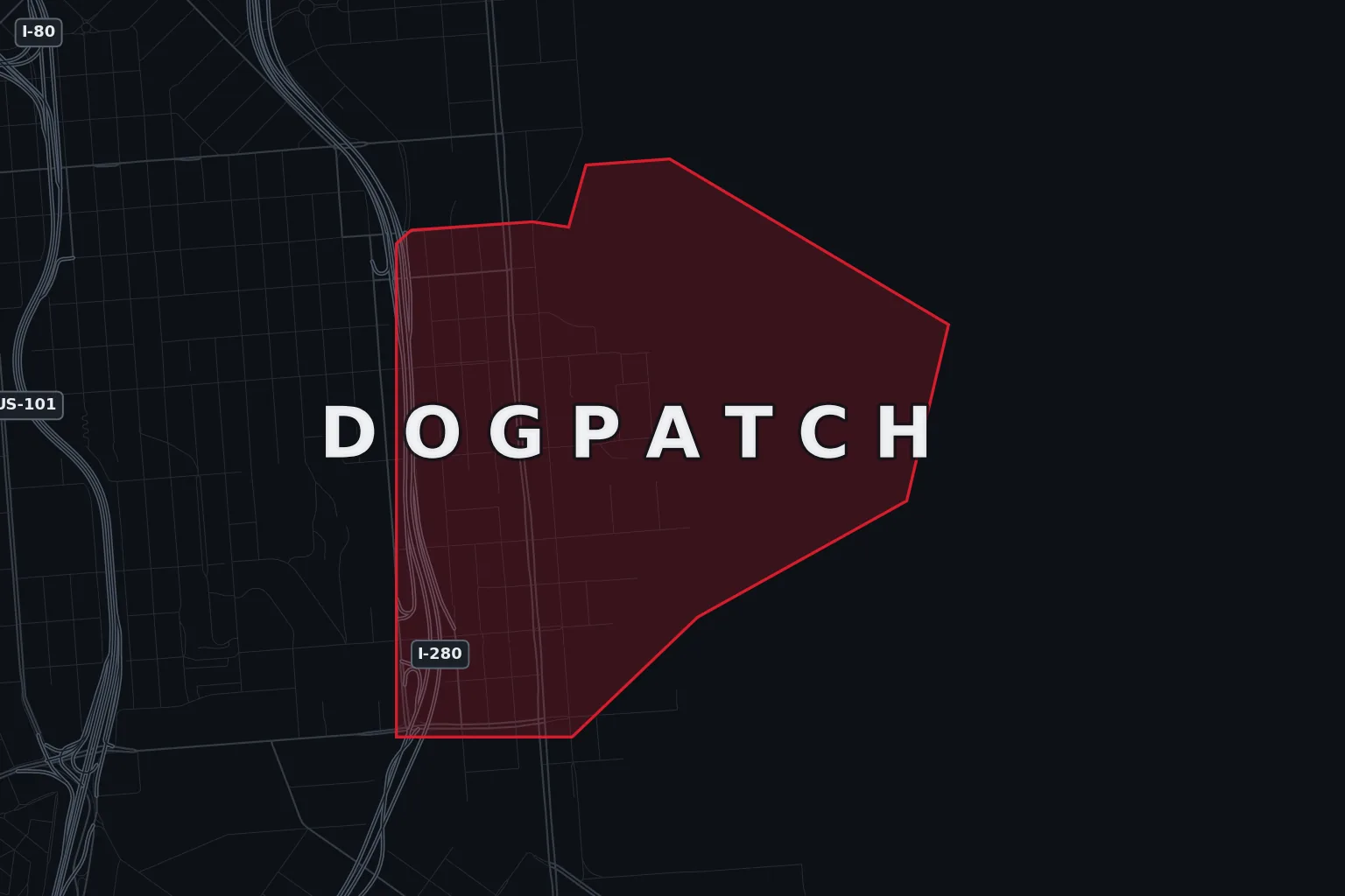 Stylized map of Dogpatch, San Francisco, with the AMB Protective Services coverage area highlighted