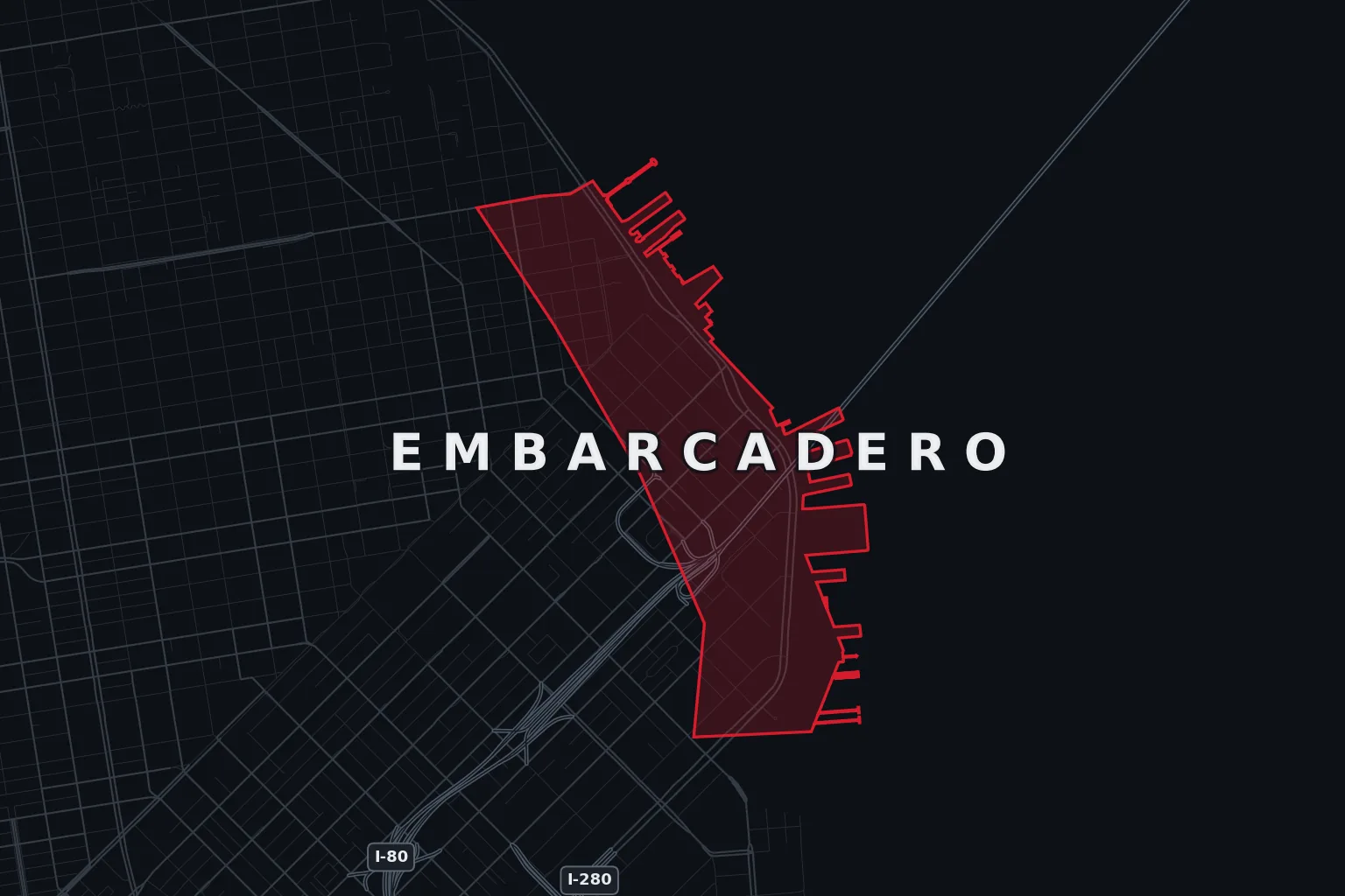 Stylized map of Embarcadero, San Francisco, with the AMB Protective Services coverage area highlighted