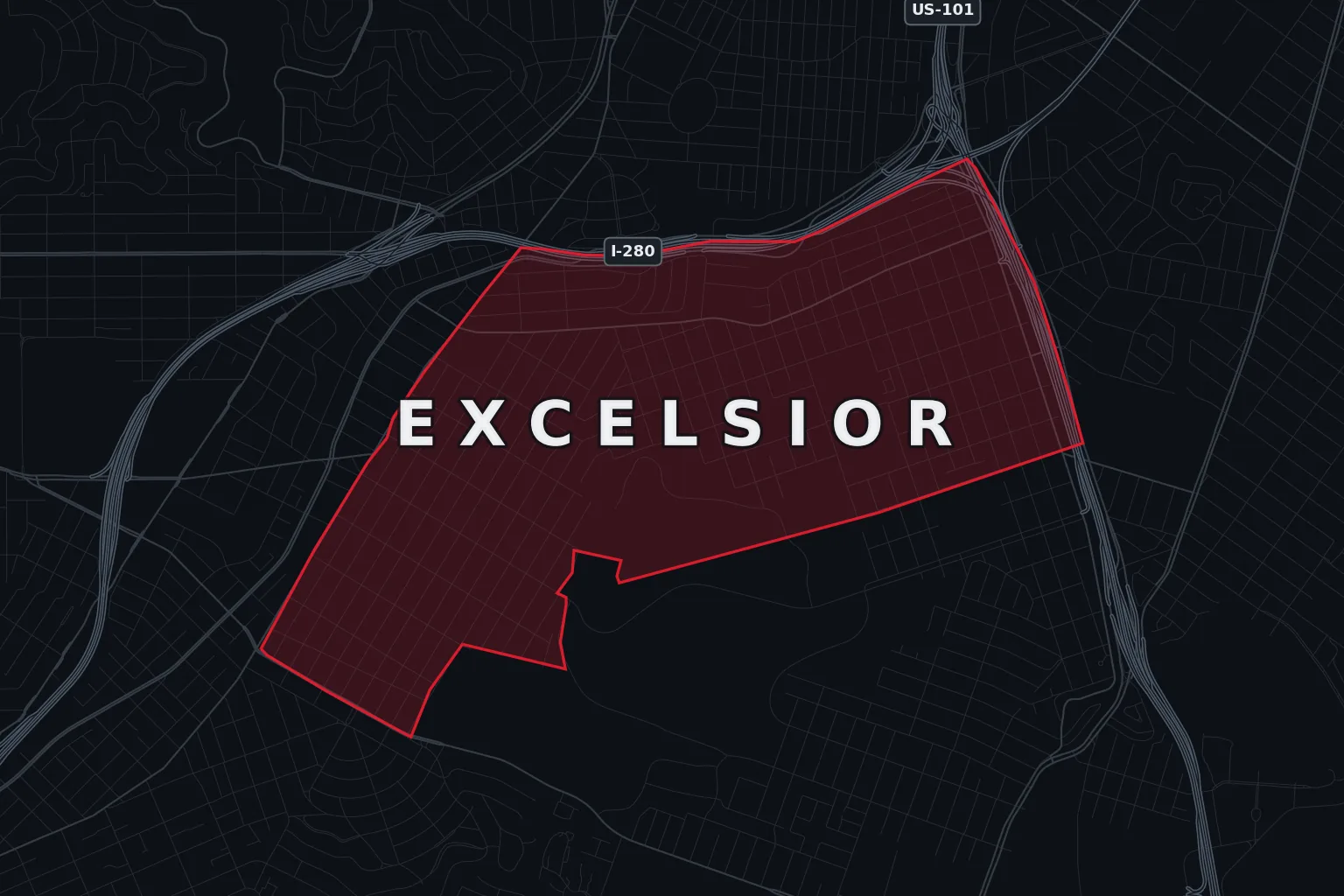 Stylized map of Excelsior, San Francisco, with the AMB Protective Services coverage area highlighted