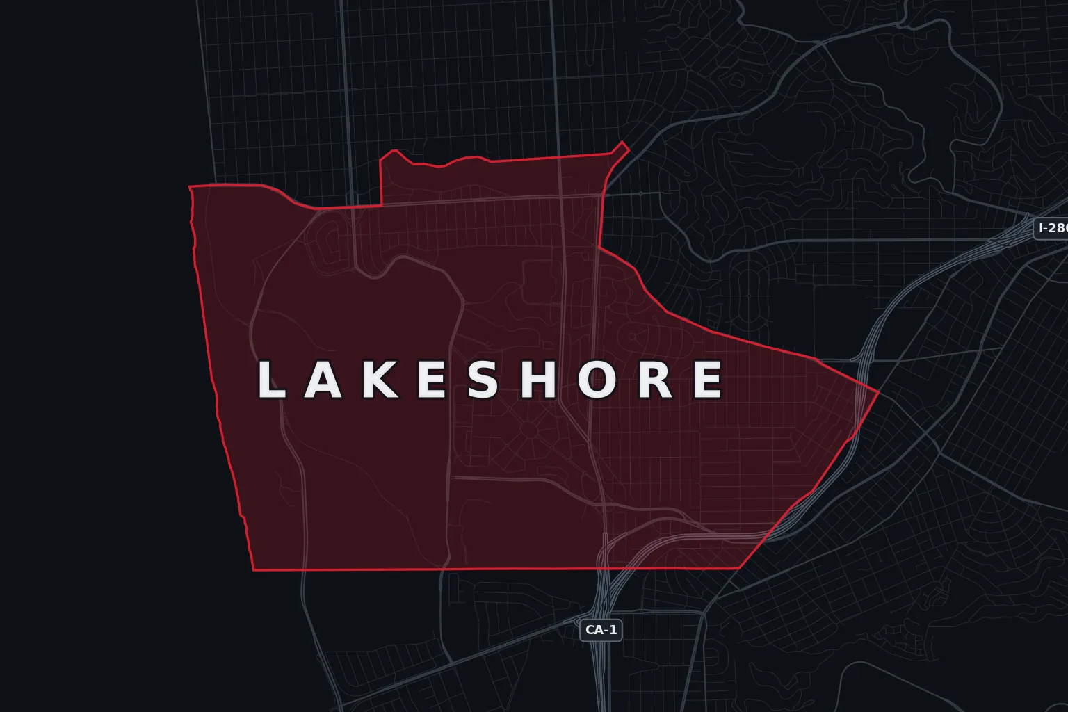 Stylized map of Lakeshore & Ocean View, San Francisco, with the AMB Protective Services coverage area highlighted