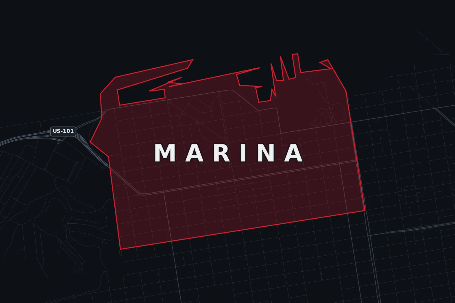 Stylized map of Marina District, San Francisco, with the AMB Protective Services coverage area highlighted