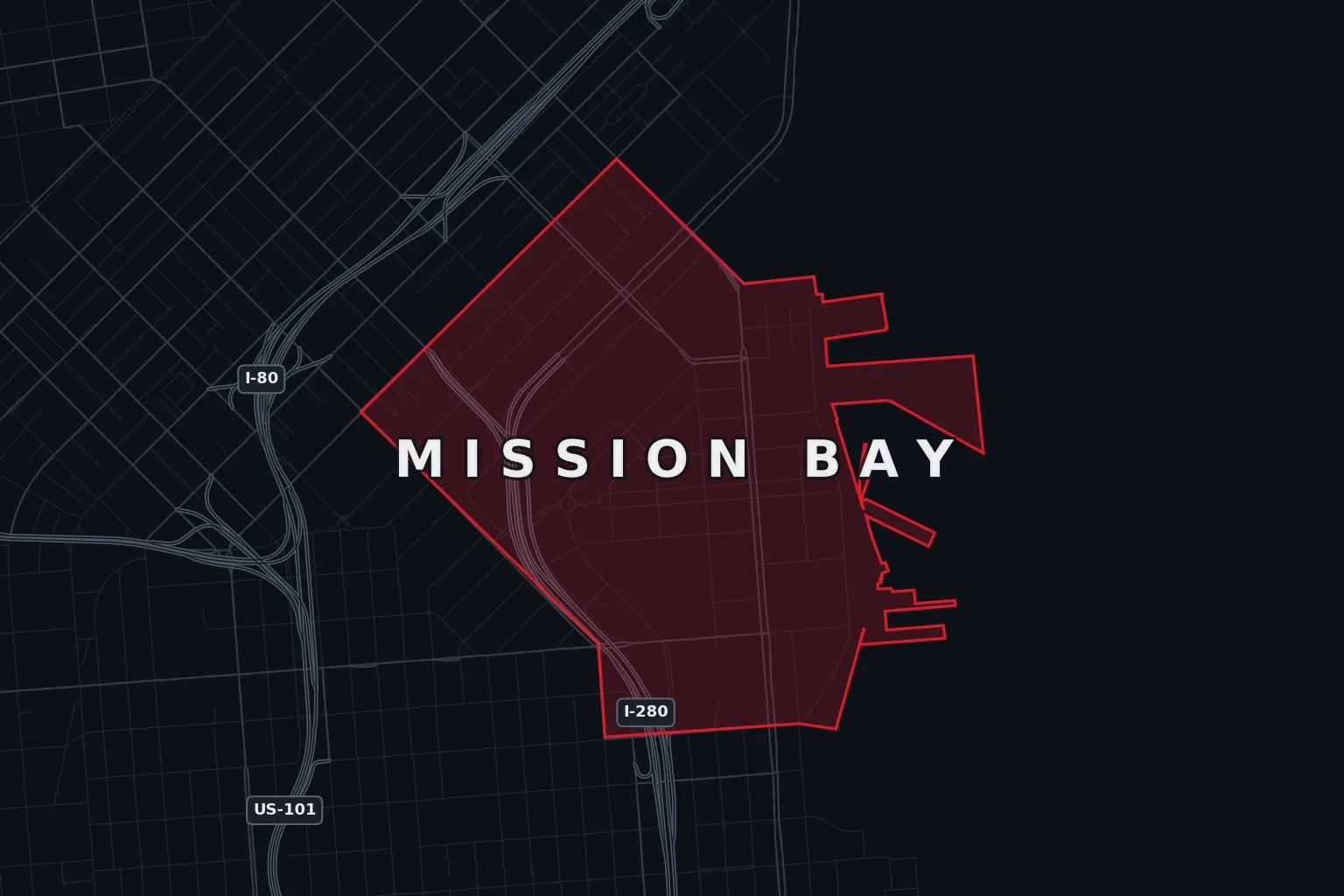 Stylized map of Mission Bay, San Francisco, with the AMB Protective Services coverage area highlighted