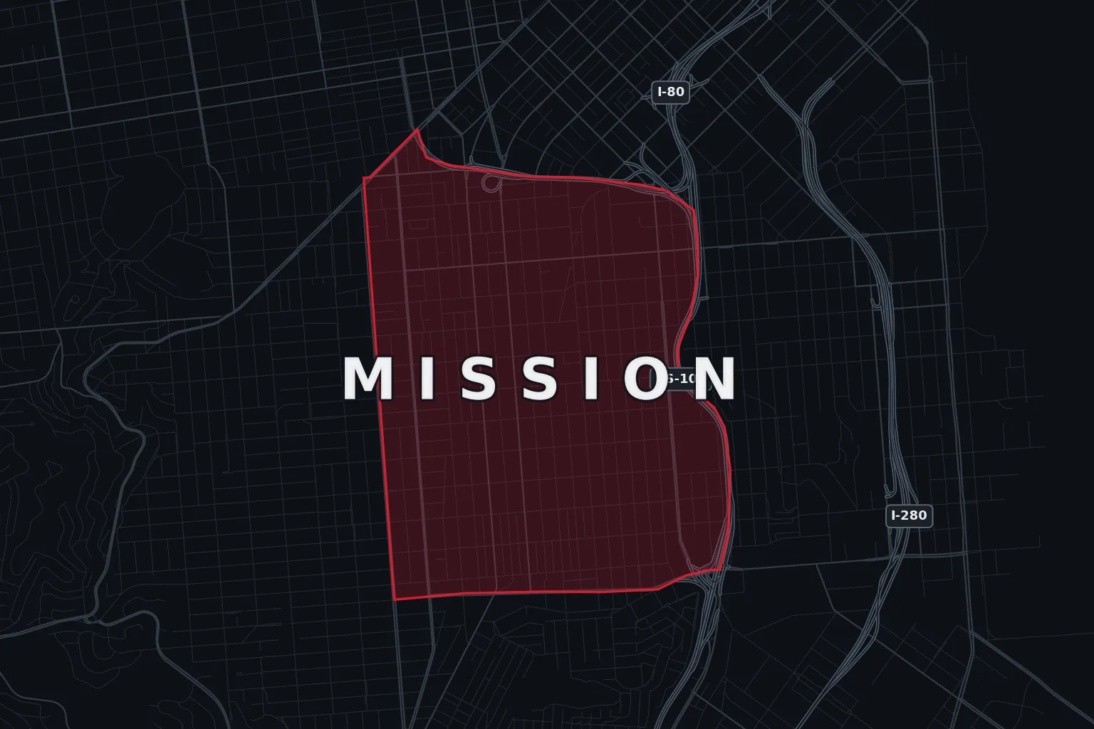 Stylized map of Mission District, San Francisco, with the AMB Protective Services coverage area highlighted