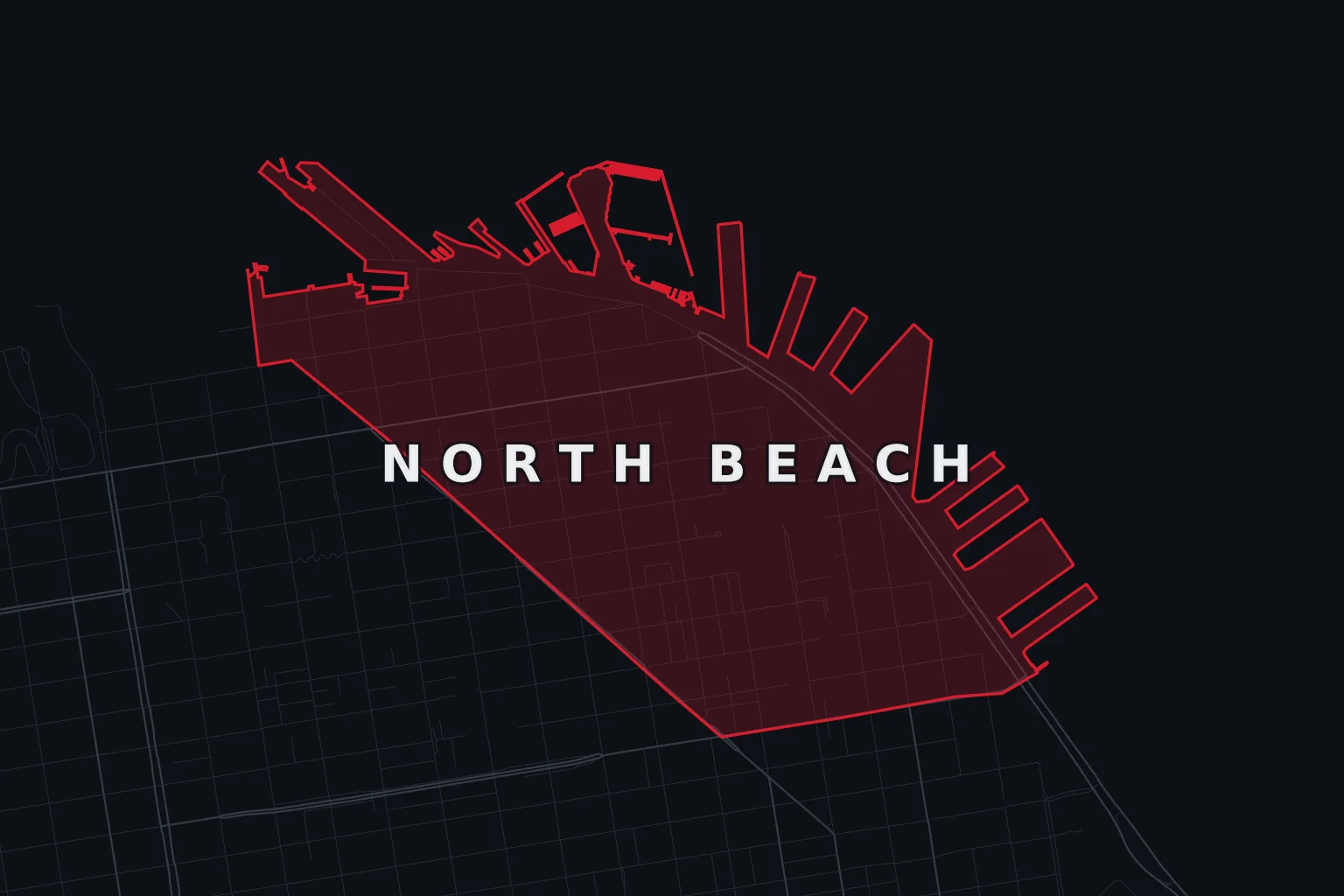 Stylized map of North Beach, San Francisco, with the AMB Protective Services coverage area highlighted