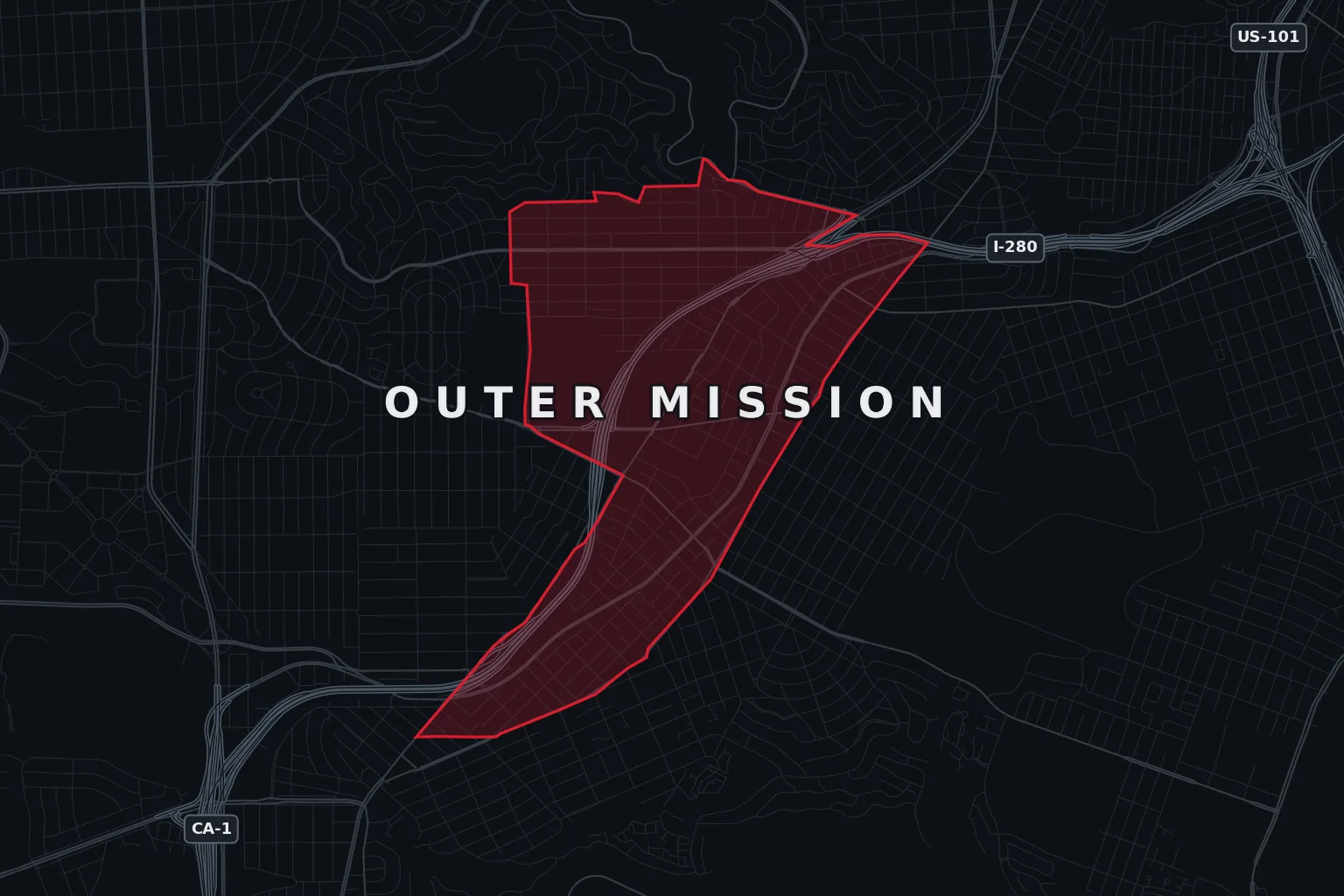 Stylized map of Outer Mission, San Francisco, with the AMB Protective Services coverage area highlighted
