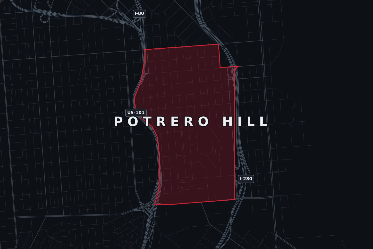 Stylized map of Potrero Hill, San Francisco, with the AMB Protective Services coverage area highlighted