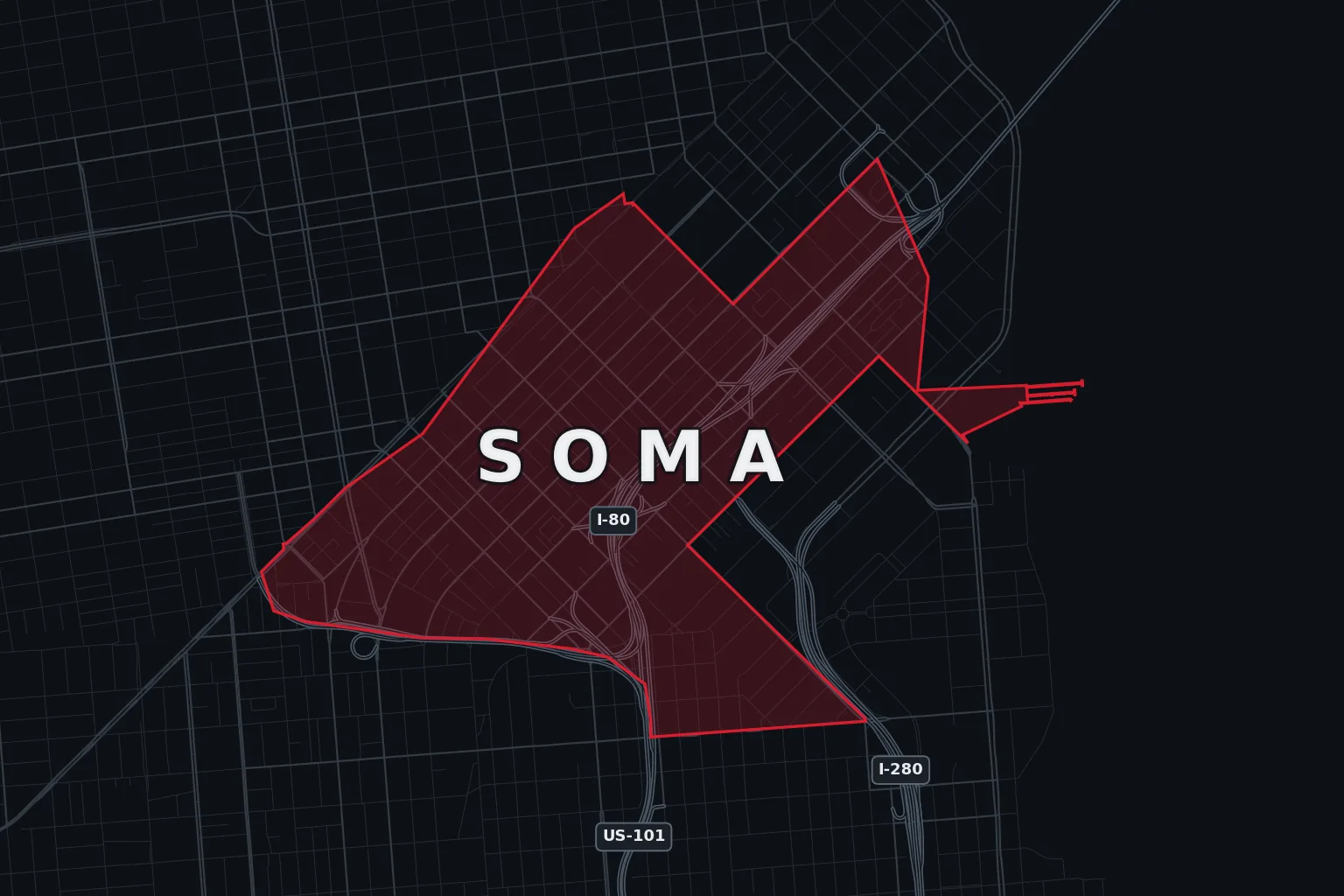 Stylized map of SoMa, San Francisco, with the AMB Protective Services coverage area highlighted