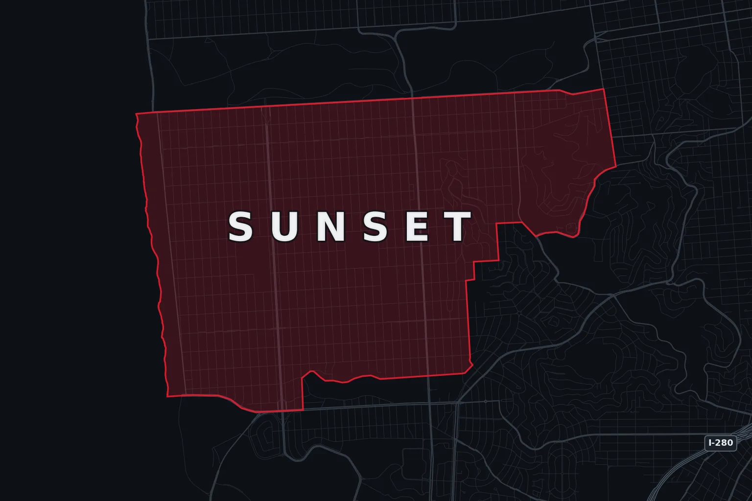 Stylized map of Sunset District, San Francisco, with the AMB Protective Services coverage area highlighted