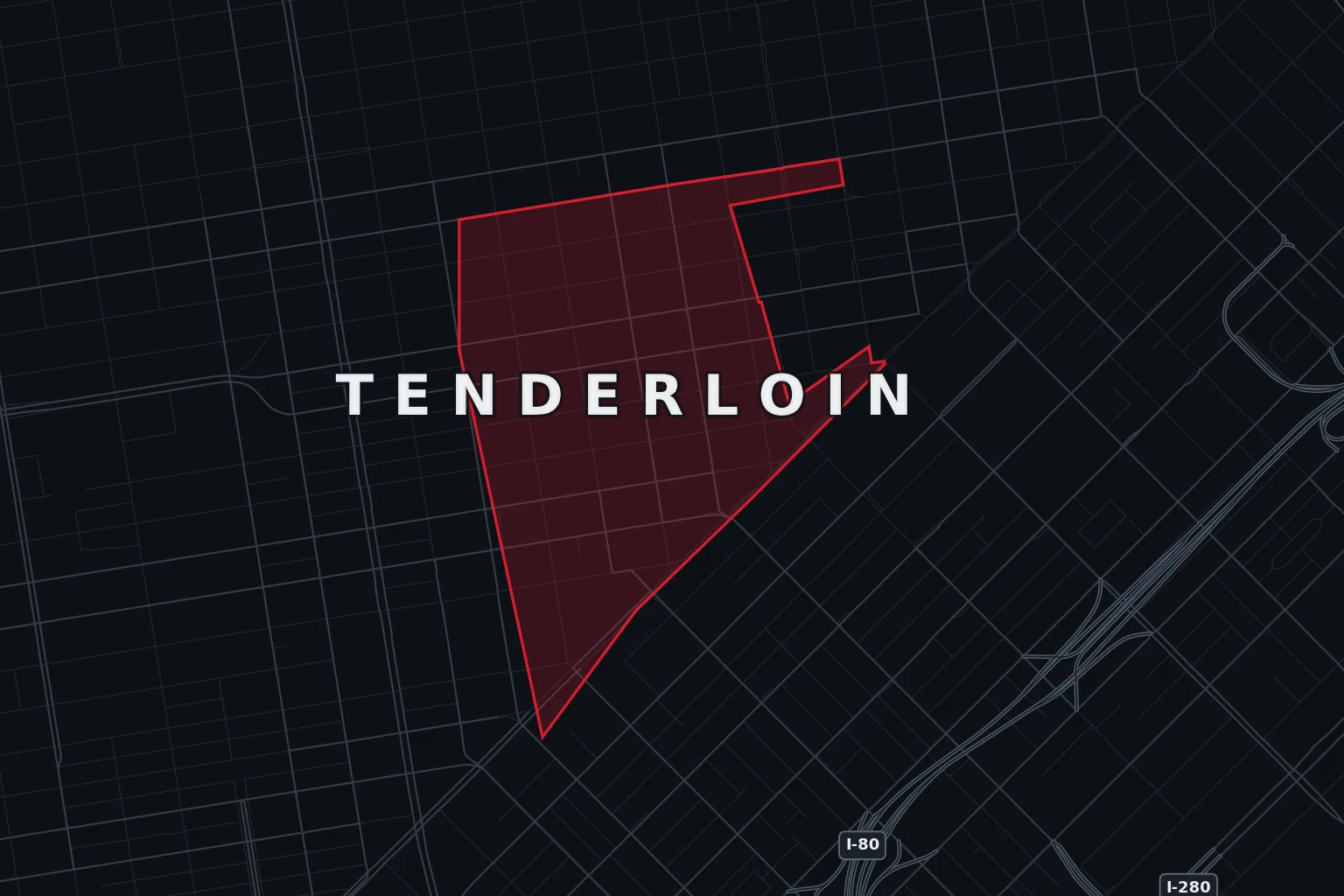Stylized map of Tenderloin Perimeter, San Francisco, with the AMB Protective Services coverage area highlighted
