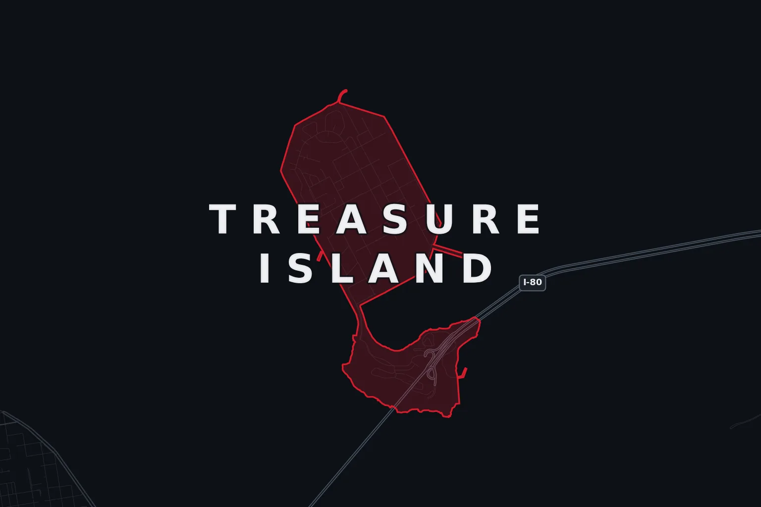 Stylized map of Treasure Island, San Francisco, with the AMB Protective Services coverage area highlighted