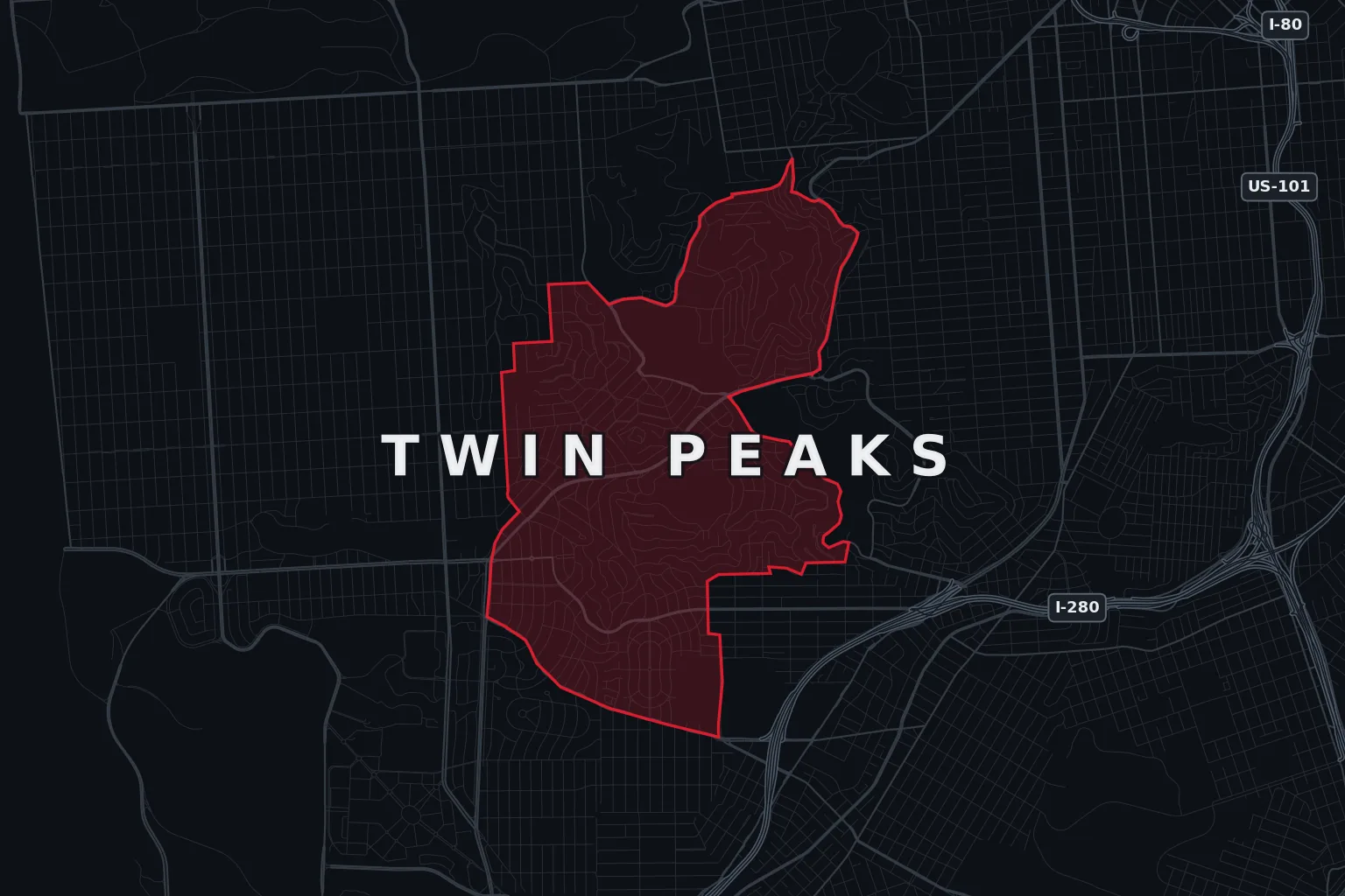 Stylized map of Twin Peaks & West Portal, San Francisco, with the AMB Protective Services coverage area highlighted