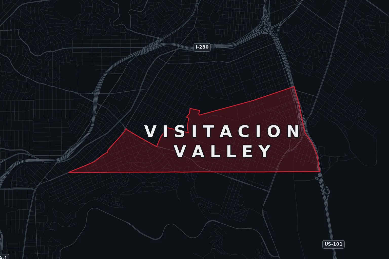 Stylized map of Visitacion Valley, San Francisco, with the AMB Protective Services coverage area highlighted