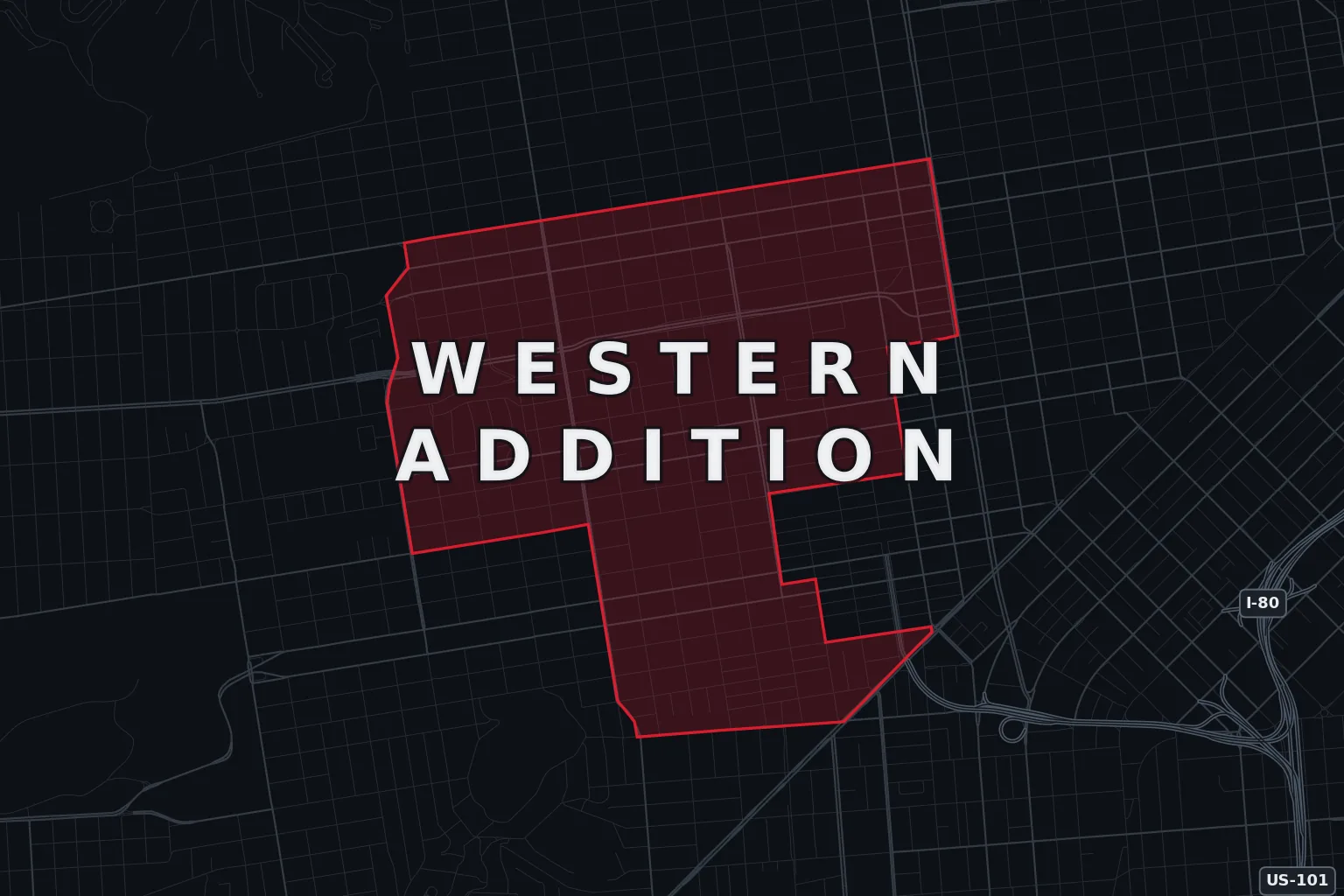 Stylized map of Western Addition, San Francisco, with the AMB Protective Services coverage area highlighted