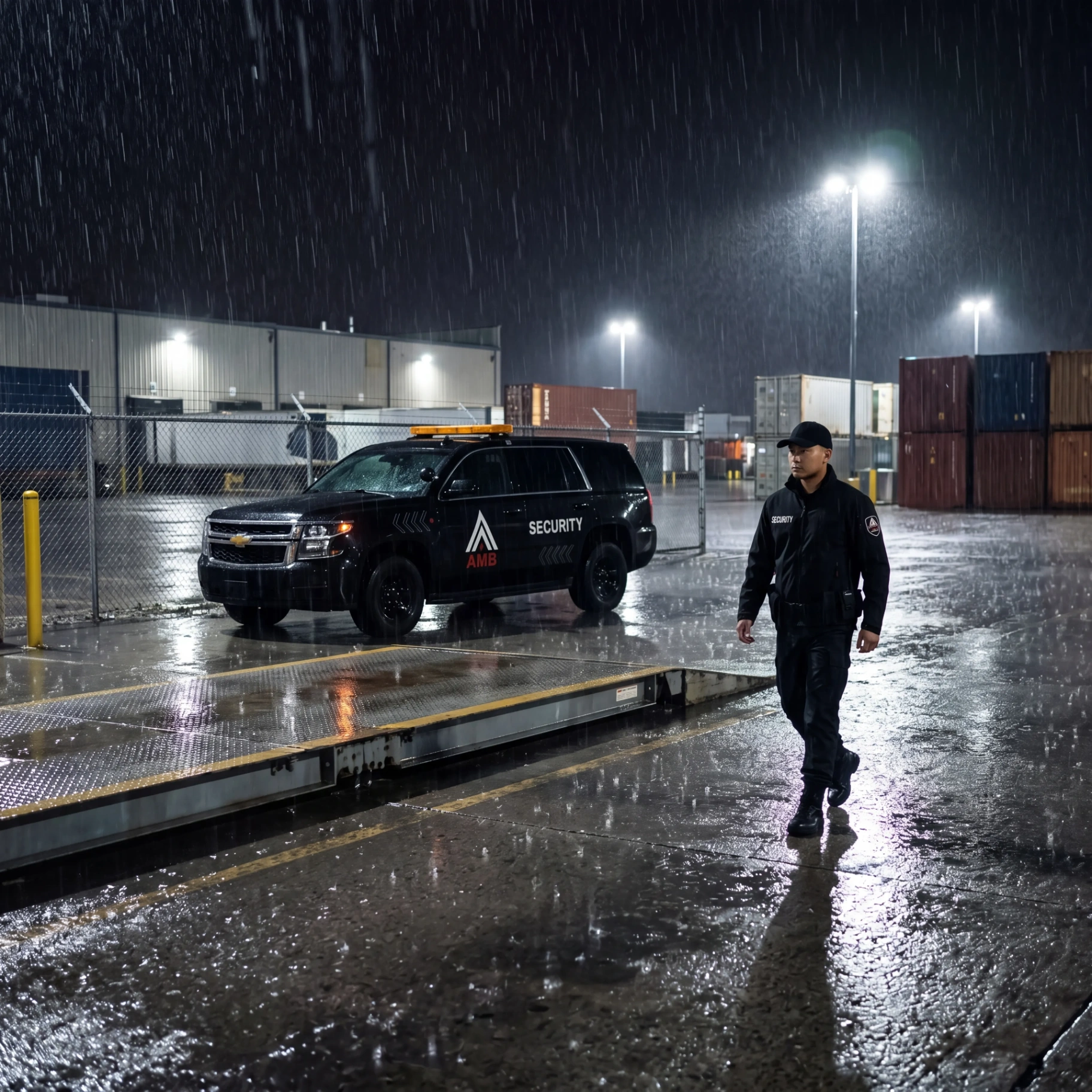 Perimeter check of an equipment yard in the rain