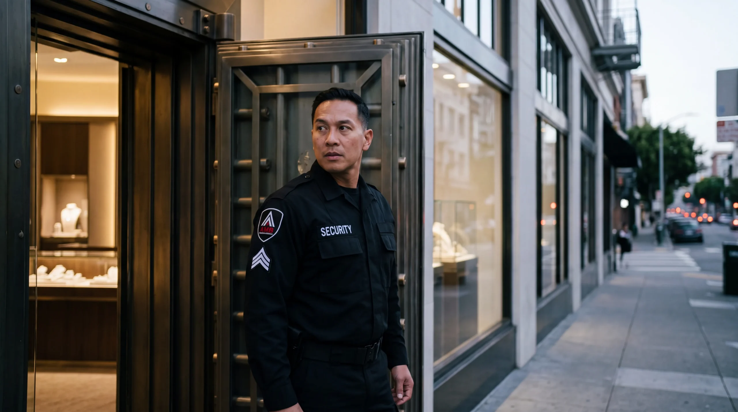 AMB officer guarding a high-value storefront