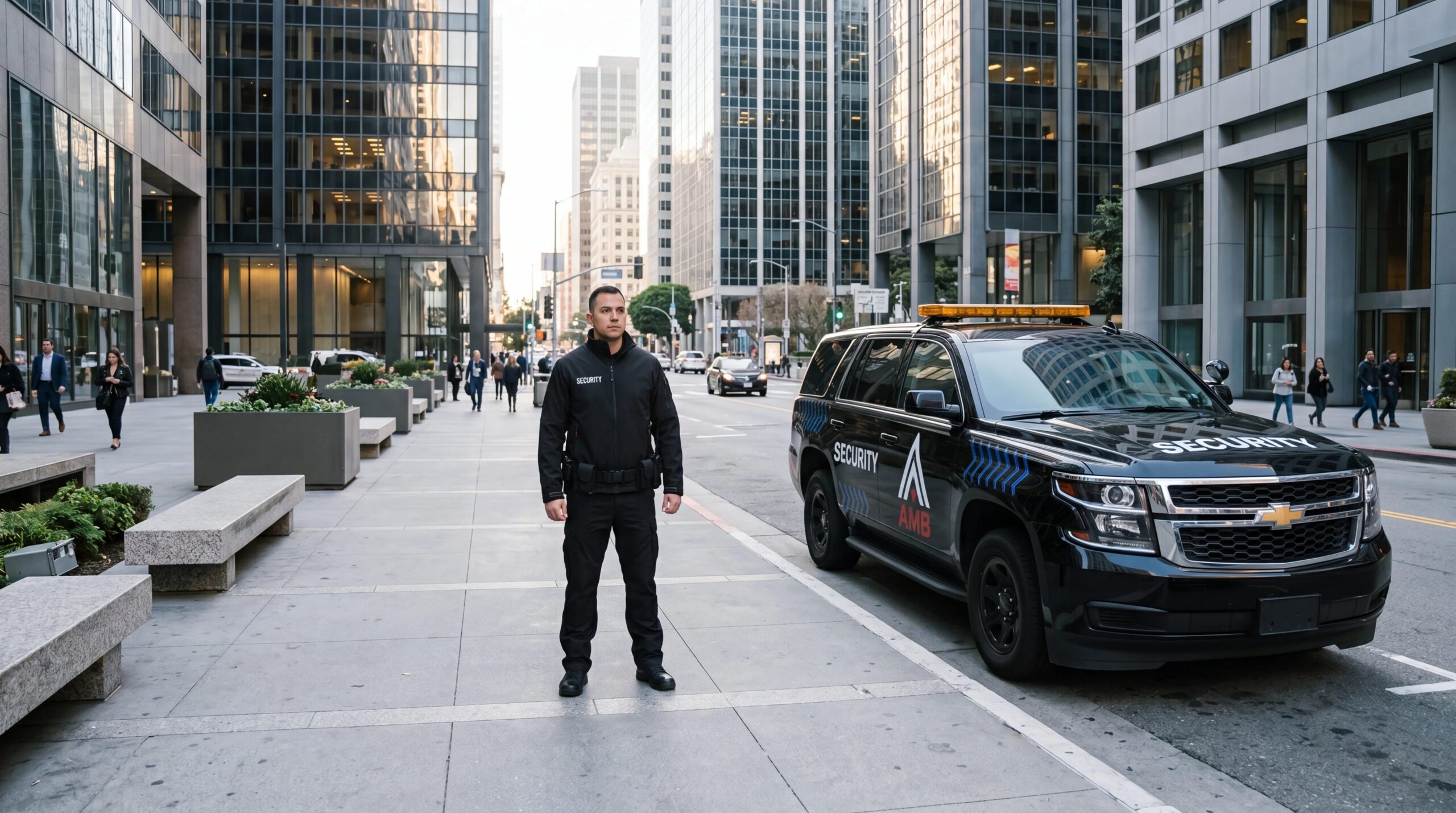 A uniformed patrol officer standing beside the patrol SUV with amber roof lightbar on a San Francisco street, illustrating the topic "security guard pricing in san francisco" — featured image by AMB Protective Services
