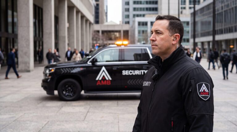 AMB Protective Services officer standing beside a marked patrol SUV in a downtown San Francisco plaza.