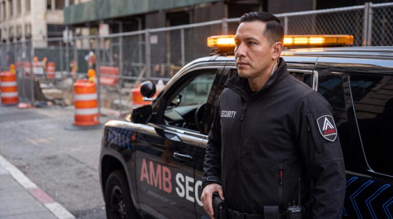 AMB Protective Services officer standing beside a marked patrol SUV at a San Francisco construction site with traffic barrels and fencing.