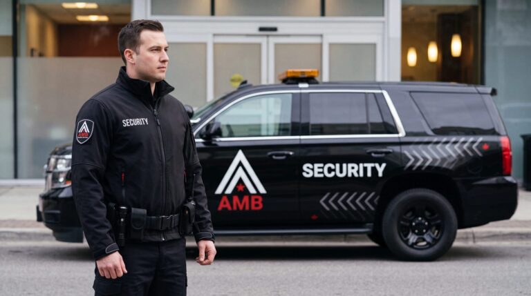 AMB Protective Services officer standing beside a marked patrol SUV outside a San Francisco building entrance.