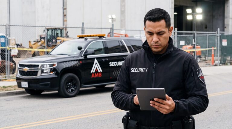 AMB Protective Services officer reviewing a tablet beside a marked patrol SUV at a fenced San Francisco construction site with caution tape.