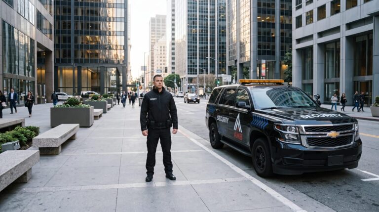AMB Protective Services officer standing beside a marked patrol SUV in a downtown San Francisco plaza.