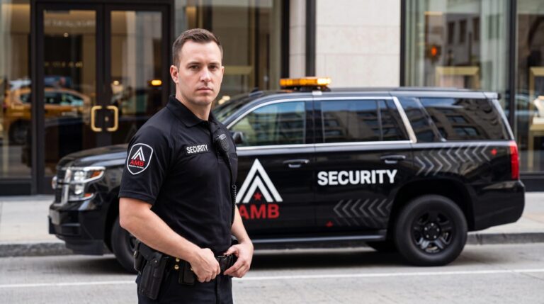 AMB Protective Services officer standing beside a marked patrol SUV outside an upscale San Francisco storefront entrance.
