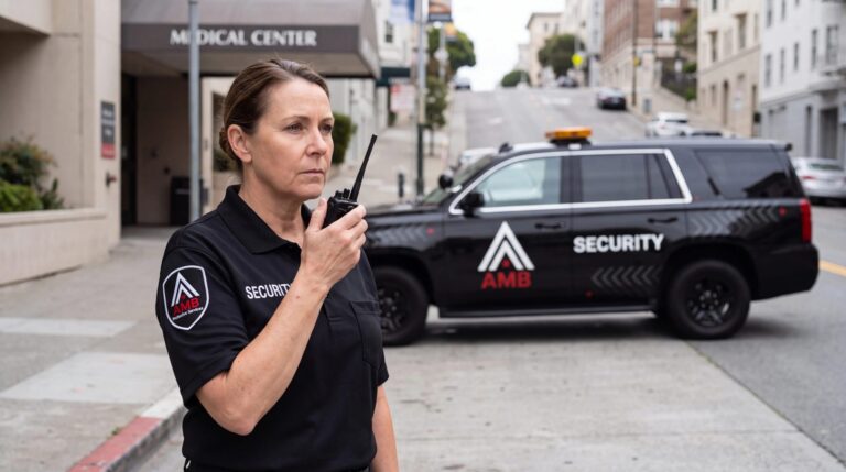 AMB Protective Services officer using a radio outside a San Francisco medical center entrance, marked patrol SUV parked behind.