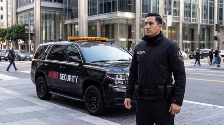 AMB Protective Services officer standing beside a marked patrol SUV at a downtown San Francisco crosswalk.