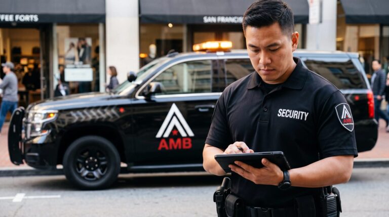AMB Protective Services officer reviewing a tablet beside a marked patrol SUV on a San Francisco retail street.