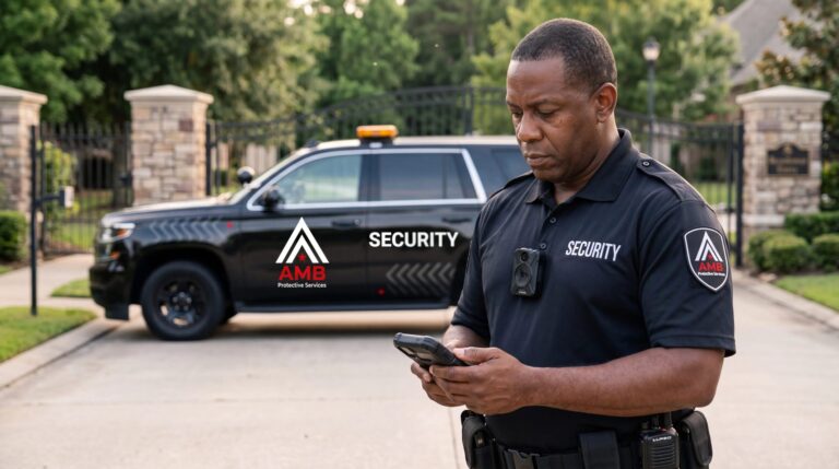 AMB Protective Services officer checking a handheld device beside a marked patrol SUV at a gated San Francisco property entrance.