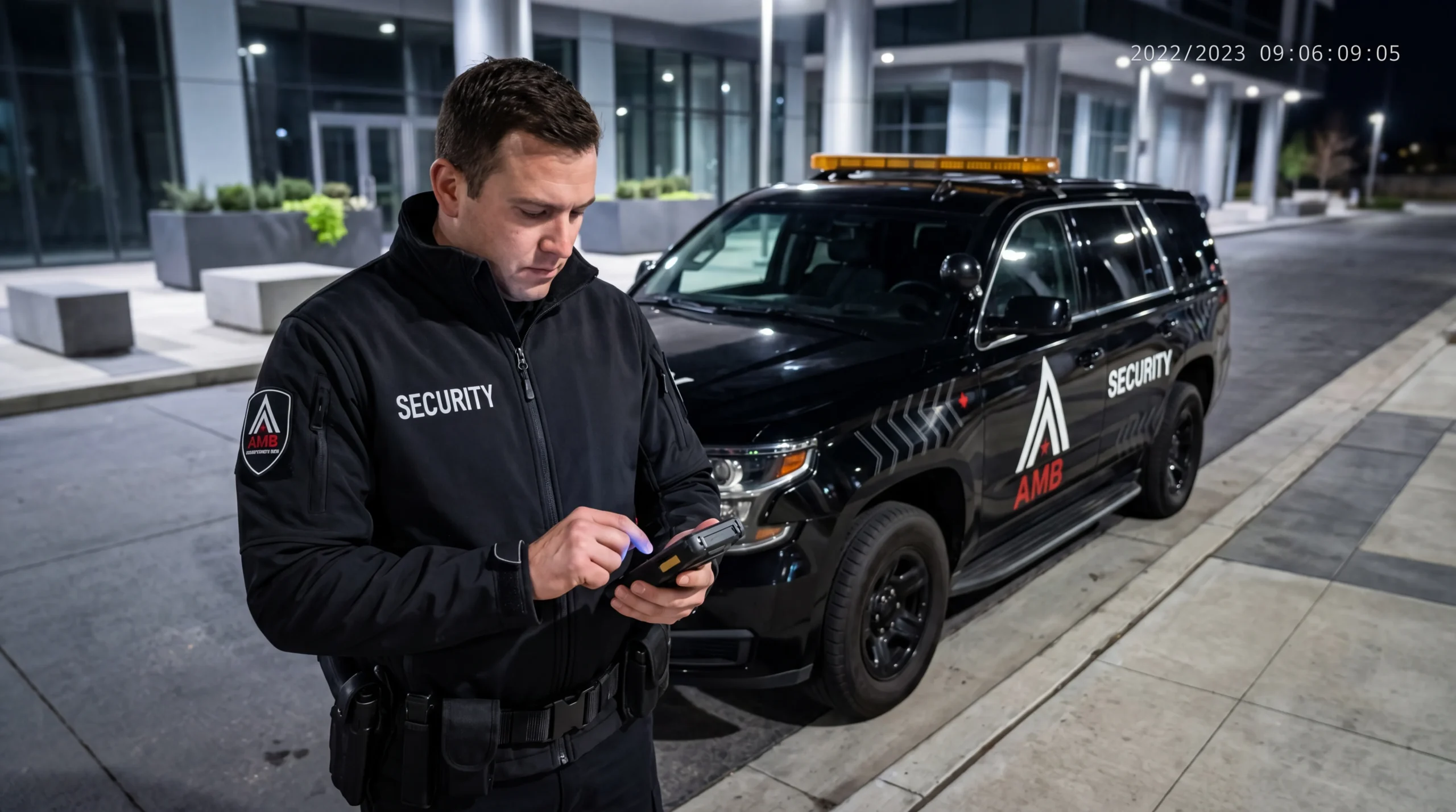 AMB Protective Services patrol vehicle on a night check outside a vacant San Francisco building