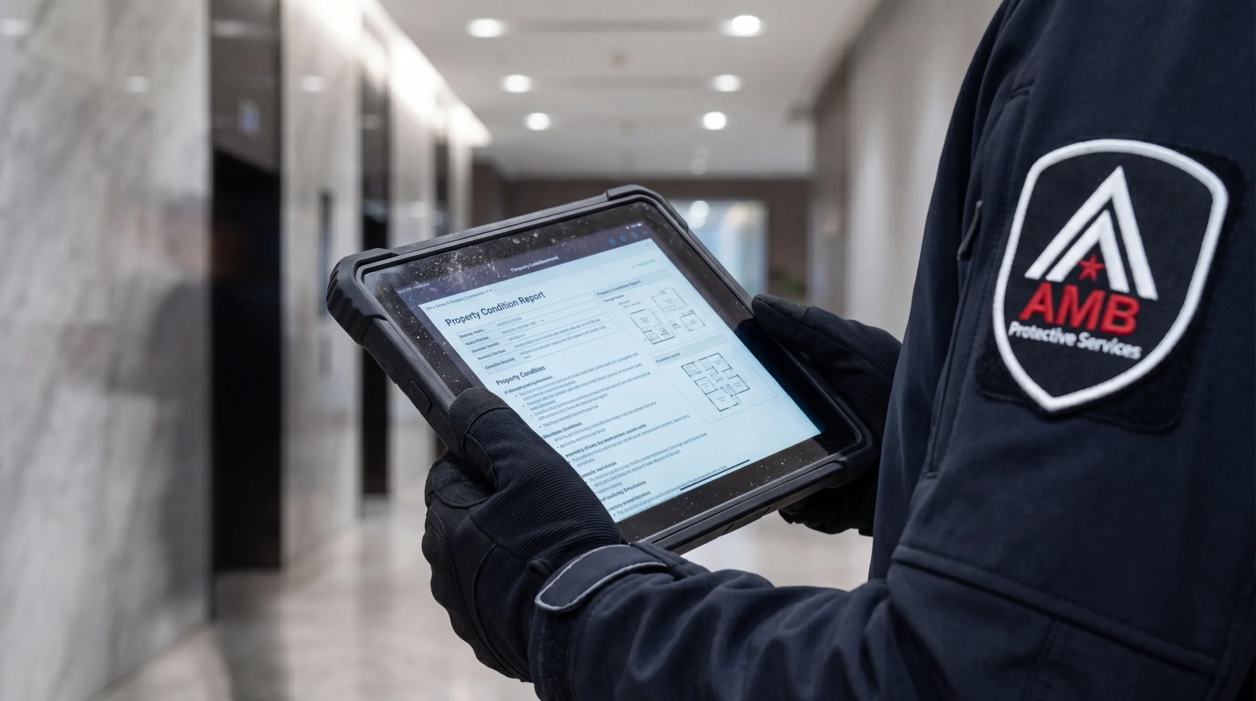 AMB Protective Services officer documenting a vacant property condition on a tablet