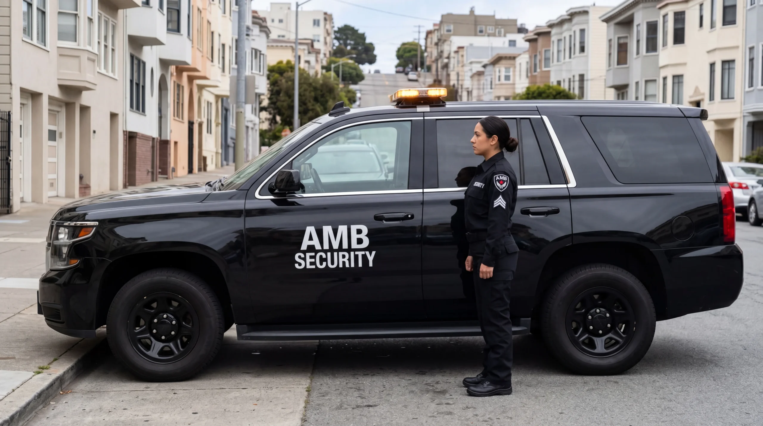 AMB mobile patrol vehicle driving through a San Francisco industrial park at dusk