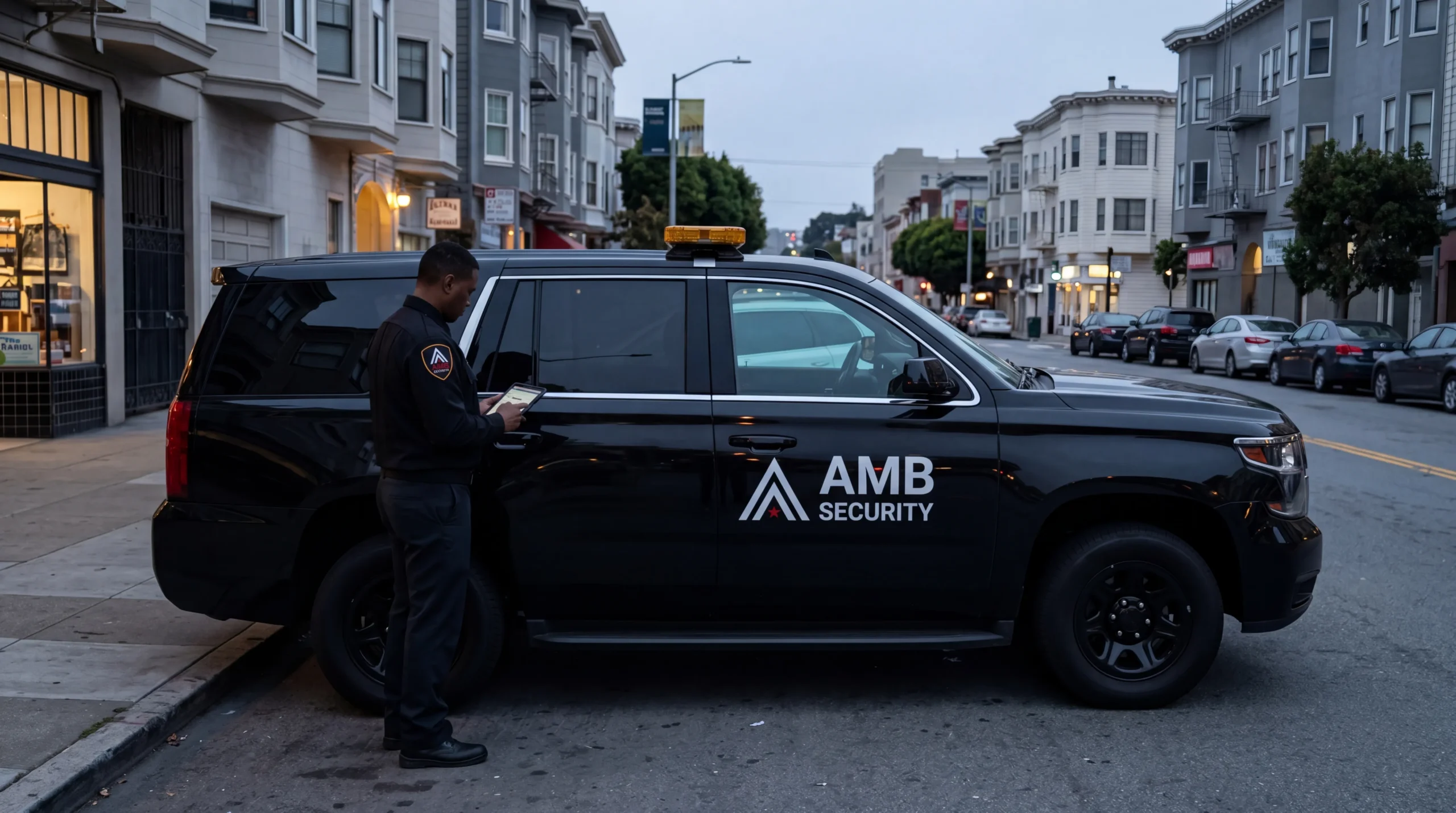 AMB mobile patrol officer checking a locked gate at a San Francisco commercial property